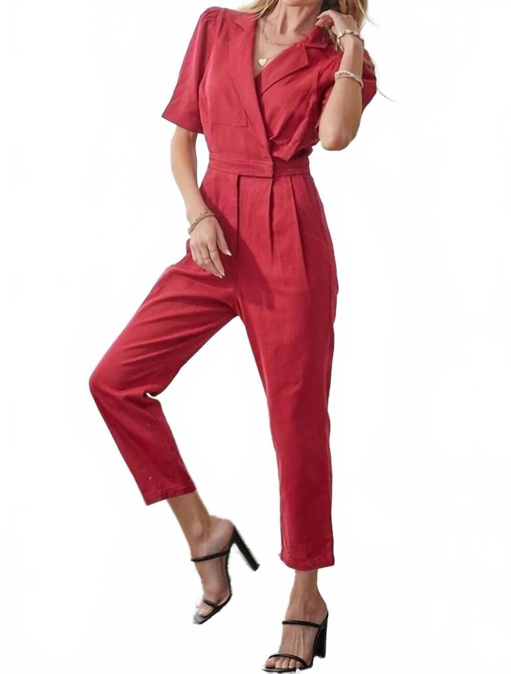 NEW DAY + MOON puff sleeve wrap front denim jumpsuit in crimson
